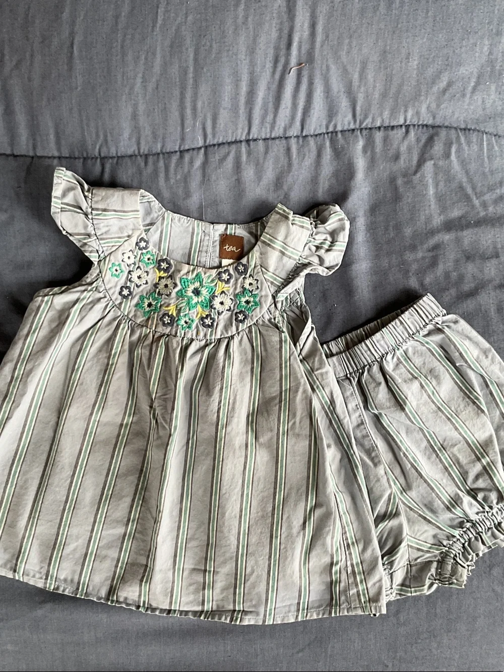 Tea Collection Green-Striped Embroidered Dress with Matching Bloomers